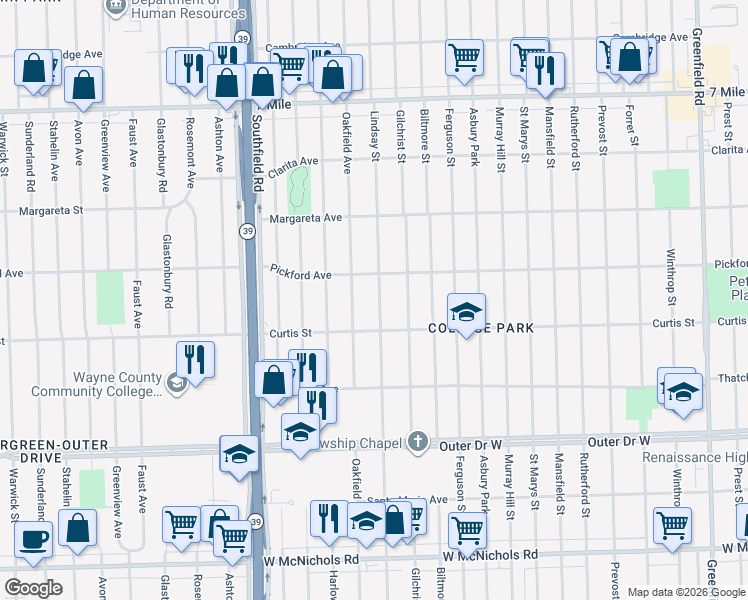 map of restaurants, bars, coffee shops, grocery stores, and more near 18263 Lindsay Avenue in Detroit