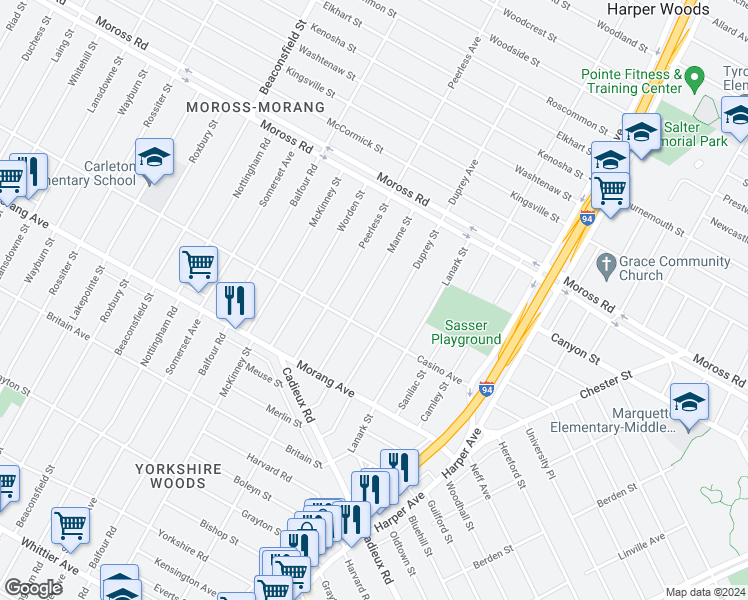 map of restaurants, bars, coffee shops, grocery stores, and more near 10758 Marne Street in Detroit