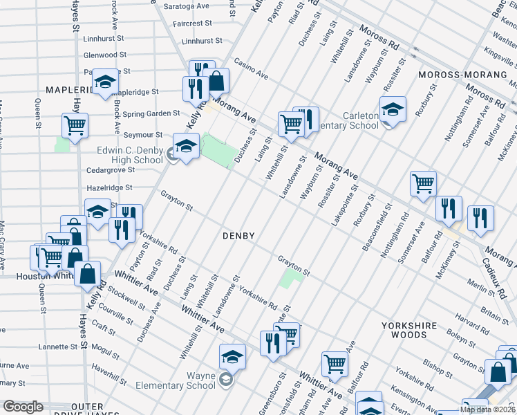 map of restaurants, bars, coffee shops, grocery stores, and more near 11831 Whitehill Street in Detroit