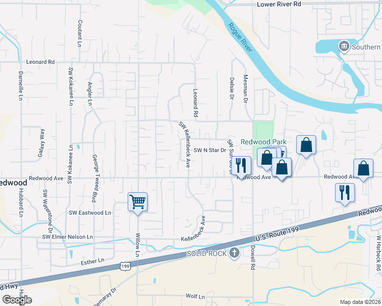map of restaurants, bars, coffee shops, grocery stores, and more near 1202 Southwest Sun Glo Drive in Grants Pass