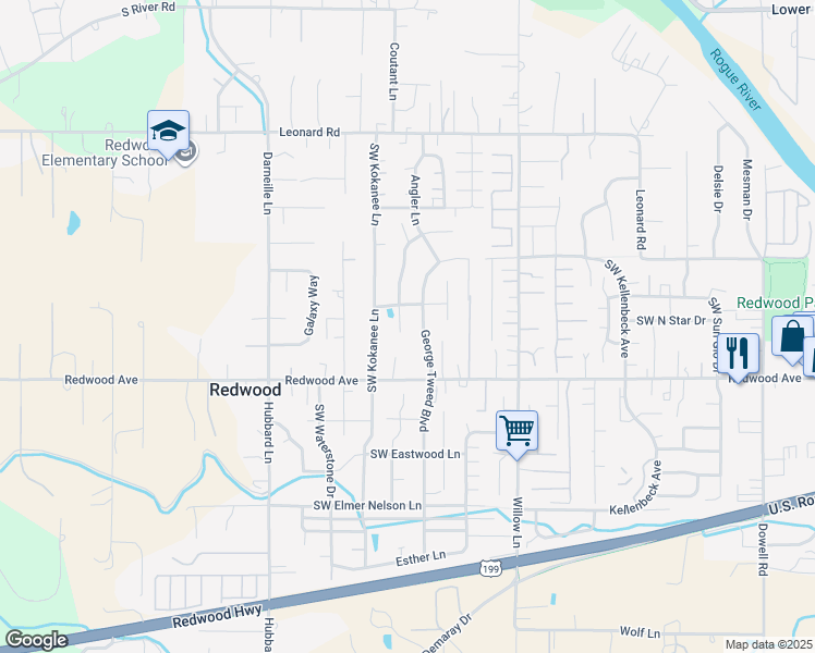 map of restaurants, bars, coffee shops, grocery stores, and more near 2719 Southwest Yellowtail Lane in Grants Pass