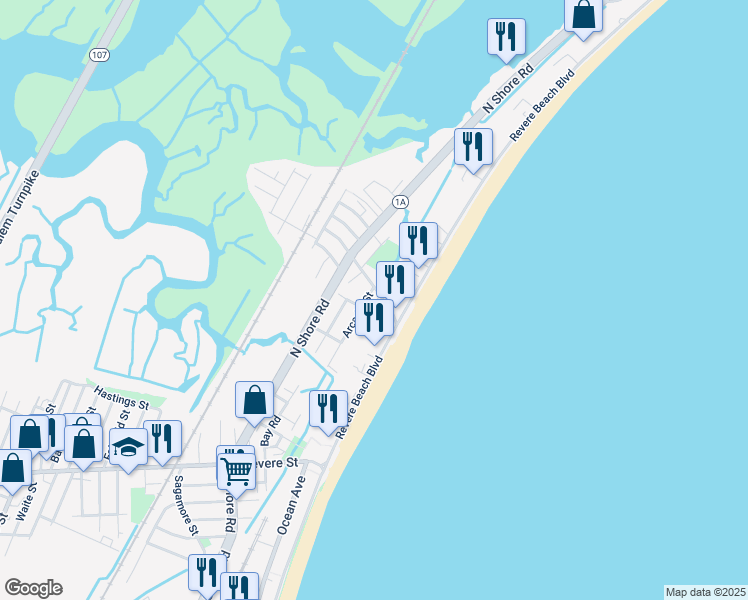 map of restaurants, bars, coffee shops, grocery stores, and more near 41 Oak Island Street in Revere