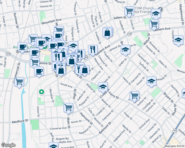 map of restaurants, bars, coffee shops, grocery stores, and more near 41 Stearns Street in Malden