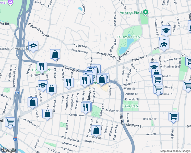 map of restaurants, bars, coffee shops, grocery stores, and more near 117 Fellsway West in Medford