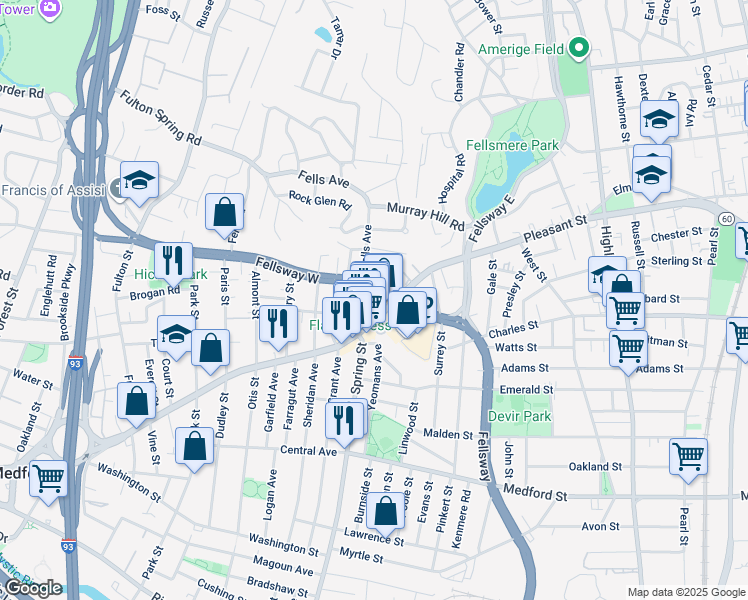 map of restaurants, bars, coffee shops, grocery stores, and more near 117 Fellsway West in Medford