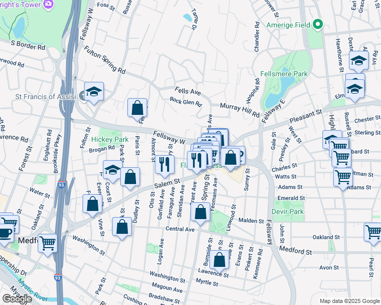 map of restaurants, bars, coffee shops, grocery stores, and more near 152 Fellsway West in Medford
