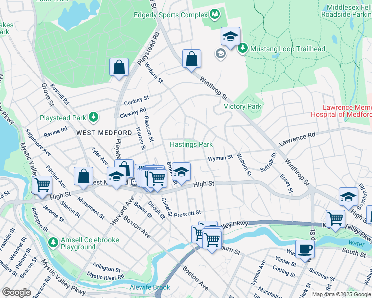 map of restaurants, bars, coffee shops, grocery stores, and more near 42 Vernon Street in Medford