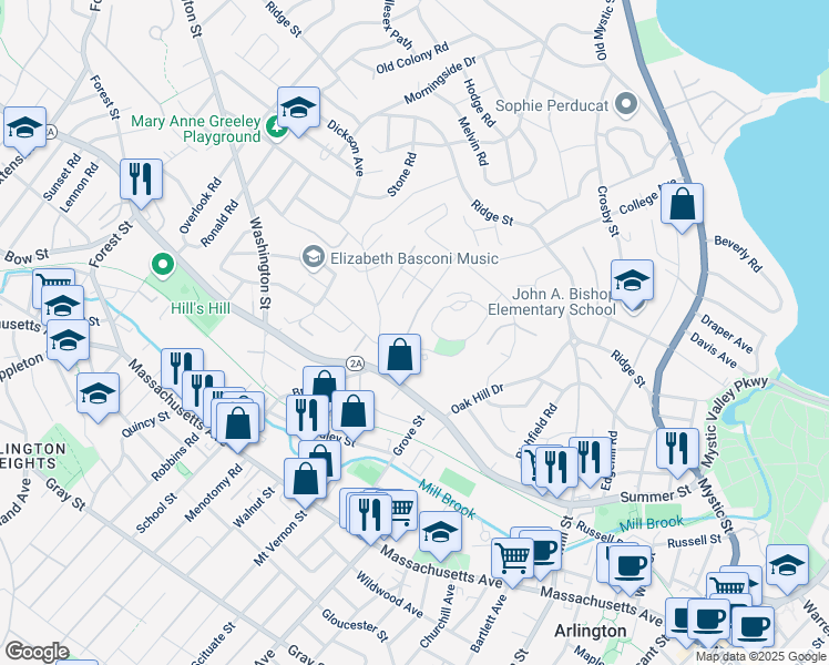 map of restaurants, bars, coffee shops, grocery stores, and more near 149 Brattle Street in Arlington