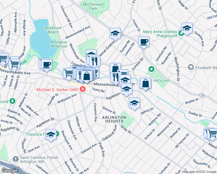 map of restaurants, bars, coffee shops, grocery stores, and more near 1263 Massachusetts Avenue in Arlington