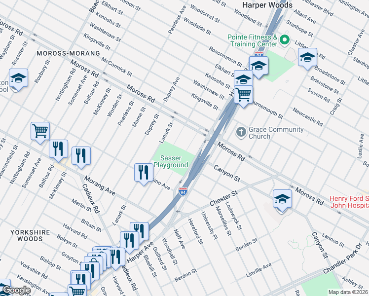 map of restaurants, bars, coffee shops, grocery stores, and more near 9721 Sanilac Street in Detroit