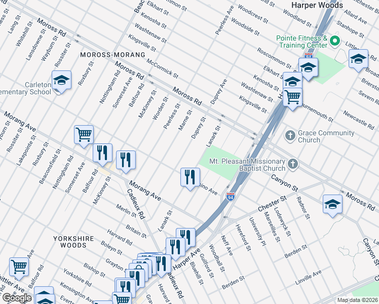 map of restaurants, bars, coffee shops, grocery stores, and more near 10737 Duprey Street in Detroit