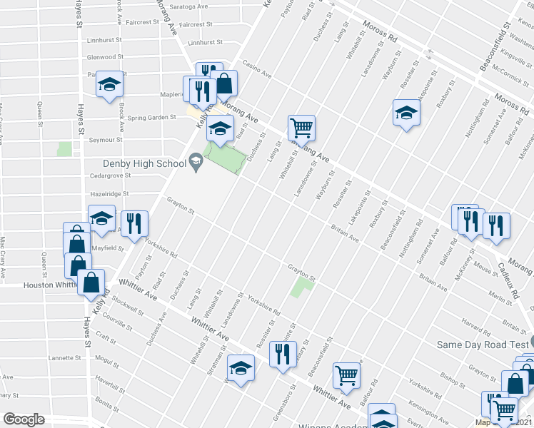 map of restaurants, bars, coffee shops, grocery stores, and more near 11831 Whitehill Street in Detroit