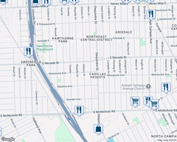 map of restaurants, bars, coffee shops, grocery stores, and more near 17844 Marx Street in Highland Park