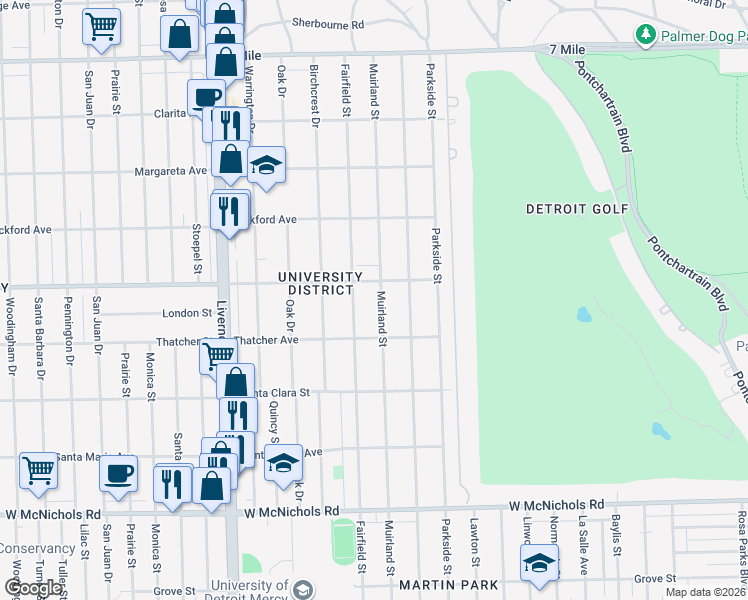 map of restaurants, bars, coffee shops, grocery stores, and more near 18110 Muirland Street in Detroit