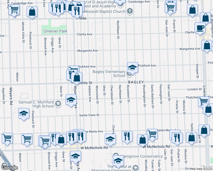 map of restaurants, bars, coffee shops, grocery stores, and more near 18213 Cherrylawn Street in Detroit