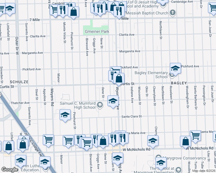 map of restaurants, bars, coffee shops, grocery stores, and more near 10080 Curtis Street in Detroit