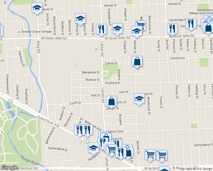 map of restaurants, bars, coffee shops, grocery stores, and more near 18450 Lahser Road in Detroit