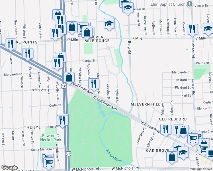 map of restaurants, bars, coffee shops, grocery stores, and more near 18370 Codding Street in Detroit