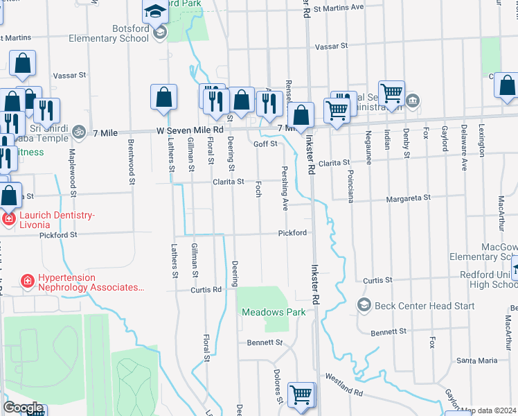 map of restaurants, bars, coffee shops, grocery stores, and more near 18516 Foch in Livonia