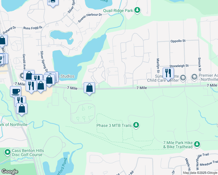 map of restaurants, bars, coffee shops, grocery stores, and more near 163 East Harbour Village Drive in Northville