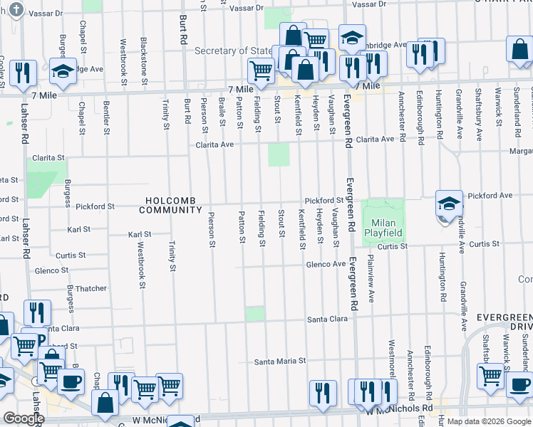 map of restaurants, bars, coffee shops, grocery stores, and more near 18408 Fielding Street in Detroit