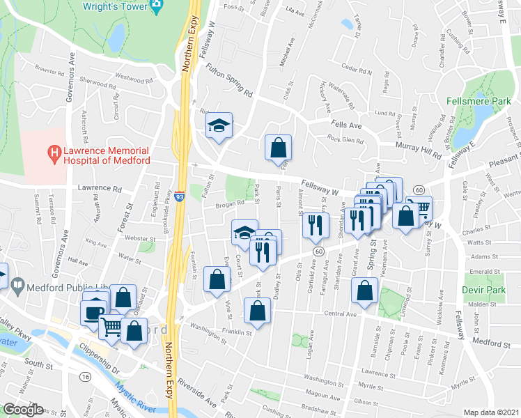 map of restaurants, bars, coffee shops, grocery stores, and more near 287 Park Street in Medford