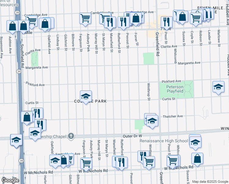 map of restaurants, bars, coffee shops, grocery stores, and more near 18254 Mansfield Street in Detroit