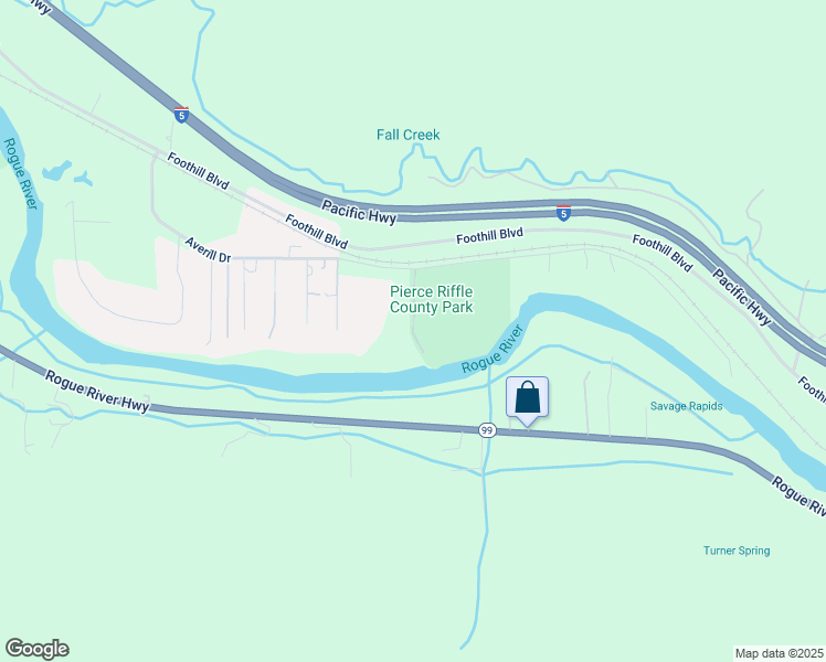 map of restaurants, bars, coffee shops, grocery stores, and more near Pierce Riffle Park in Grants Pass