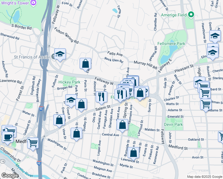 map of restaurants, bars, coffee shops, grocery stores, and more near 194 Fellsway West in Medford