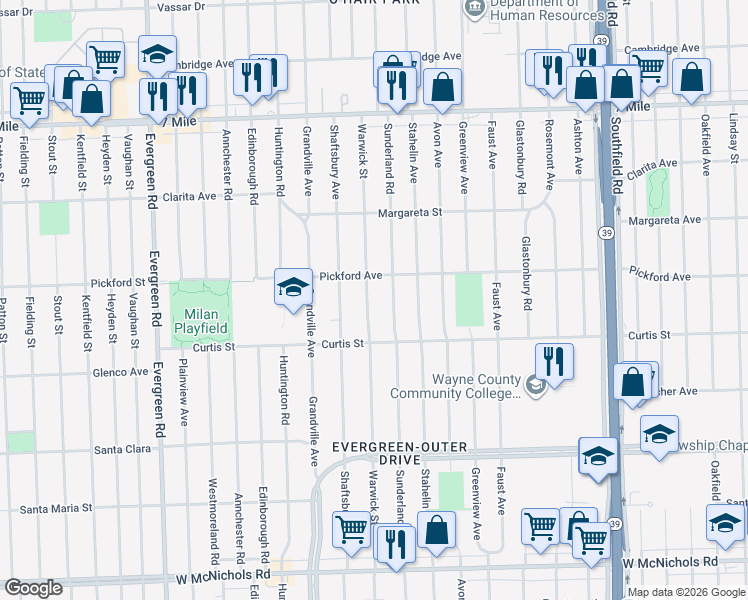map of restaurants, bars, coffee shops, grocery stores, and more near 18290 Warwick Street in Detroit