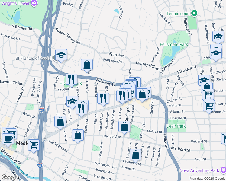 map of restaurants, bars, coffee shops, grocery stores, and more near 194 Fellsway West in Medford