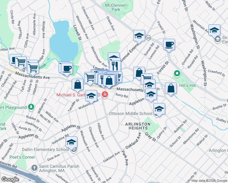 map of restaurants, bars, coffee shops, grocery stores, and more near 1300 Massachusetts Avenue in Arlington