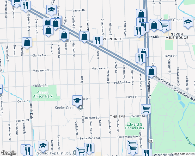 map of restaurants, bars, coffee shops, grocery stores, and more near 18445 Salem in Detroit