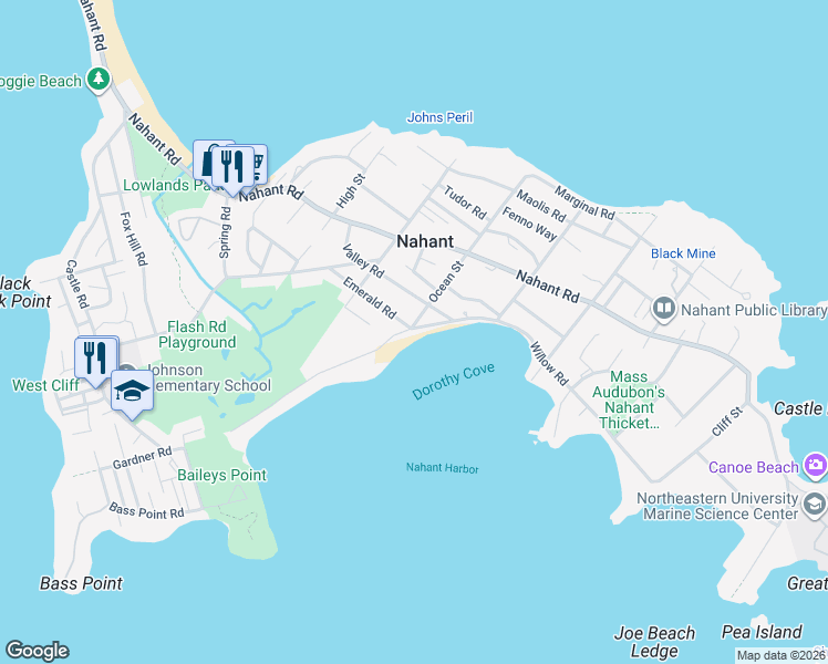 map of restaurants, bars, coffee shops, grocery stores, and more near 36 Emerald Road in Nahant