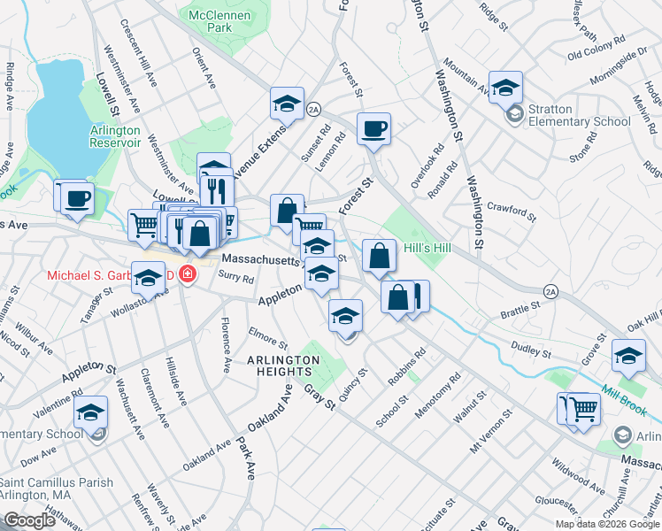 map of restaurants, bars, coffee shops, grocery stores, and more near 27 Peirce Street in Arlington