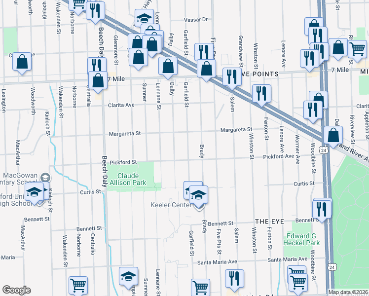 map of restaurants, bars, coffee shops, grocery stores, and more near 18492 Dalby in Redford Charter Township