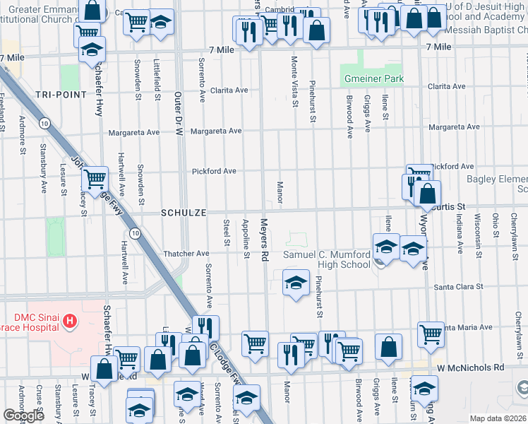 map of restaurants, bars, coffee shops, grocery stores, and more near 18227 Meyers Road in Detroit