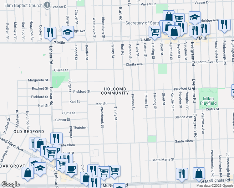 map of restaurants, bars, coffee shops, grocery stores, and more near 18415 Burt Road in Detroit