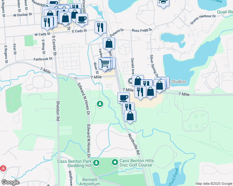 map of restaurants, bars, coffee shops, grocery stores, and more near 598 S Main St in Northville