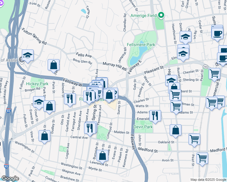 map of restaurants, bars, coffee shops, grocery stores, and more near 81 Fellsway West in Medford