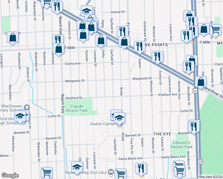 map of restaurants, bars, coffee shops, grocery stores, and more near 18451 Garfield in Redford Charter Township