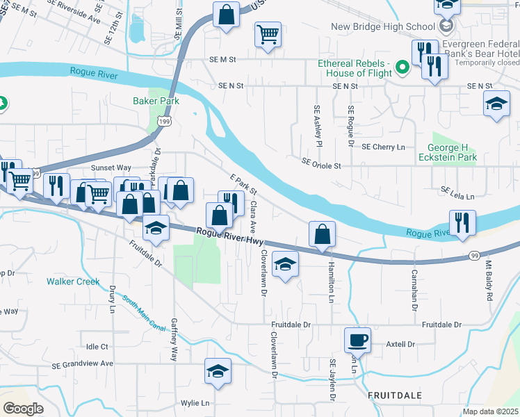 map of restaurants, bars, coffee shops, grocery stores, and more near 1201 East Park Street in Grants Pass
