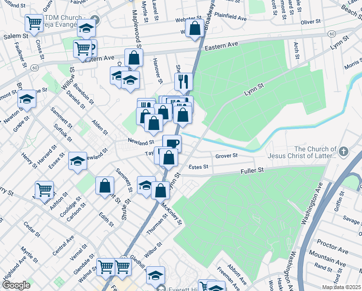 map of restaurants, bars, coffee shops, grocery stores, and more near 39 Broadway in Malden