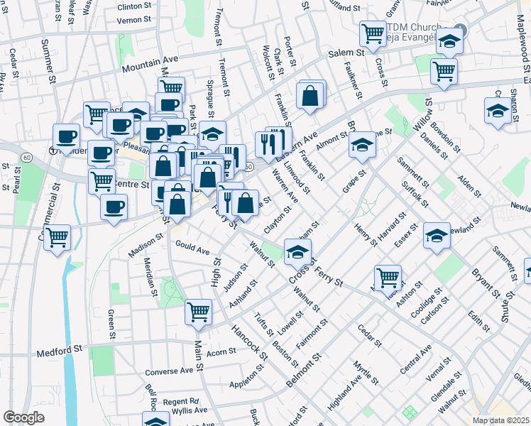 map of restaurants, bars, coffee shops, grocery stores, and more near 41 Stearns Street in Malden