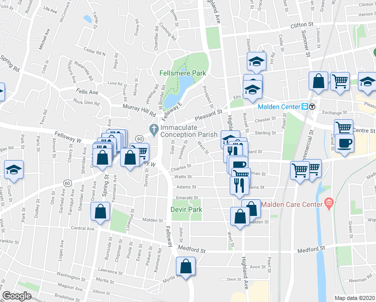map of restaurants, bars, coffee shops, grocery stores, and more near 25 Presley Street in Malden