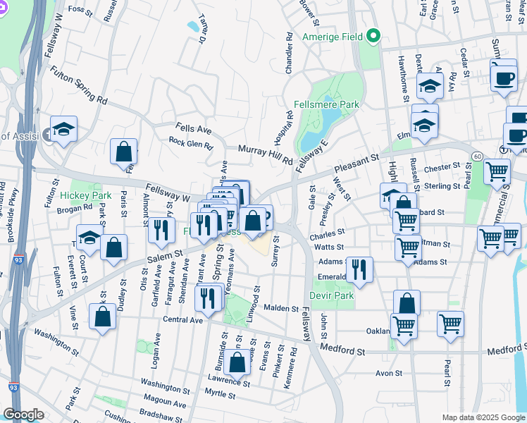 map of restaurants, bars, coffee shops, grocery stores, and more near 81 Fellsway West in Medford