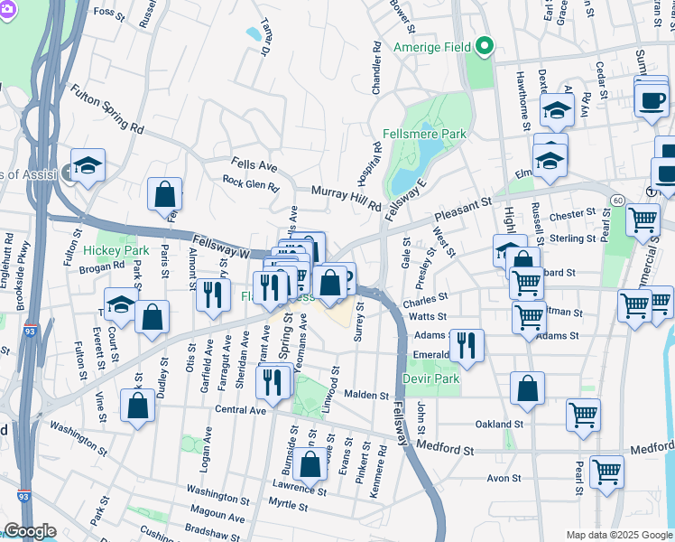 map of restaurants, bars, coffee shops, grocery stores, and more near 81 Fellsway West in Medford