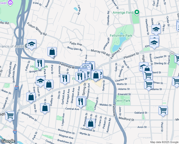 map of restaurants, bars, coffee shops, grocery stores, and more near 117 Fellsway West in Medford