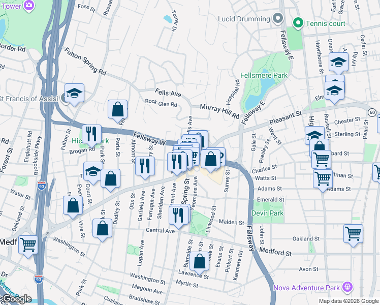 map of restaurants, bars, coffee shops, grocery stores, and more near 117 Fellsway West in Medford