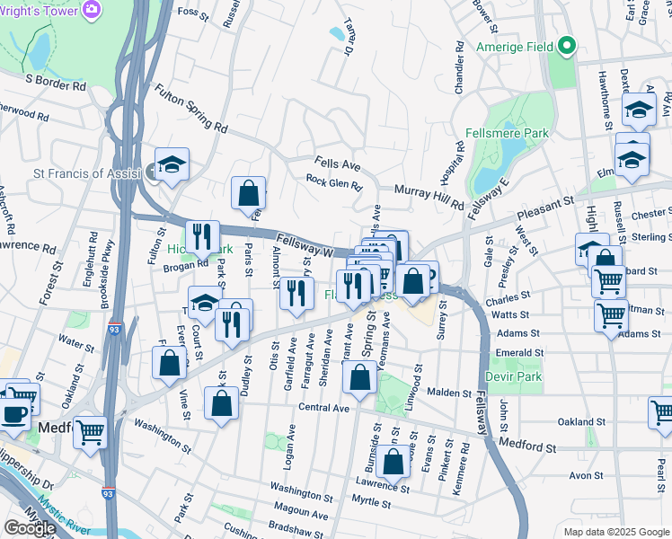map of restaurants, bars, coffee shops, grocery stores, and more near 152 Fellsway West in Medford